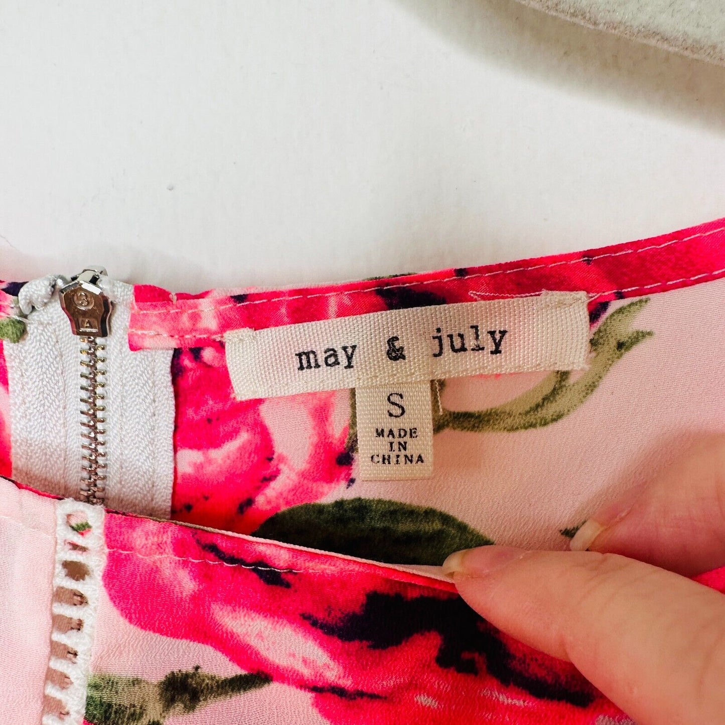 May & July Hot Pink and Green Floral Rose Short Sleeve Peplum Crop Blouse S
