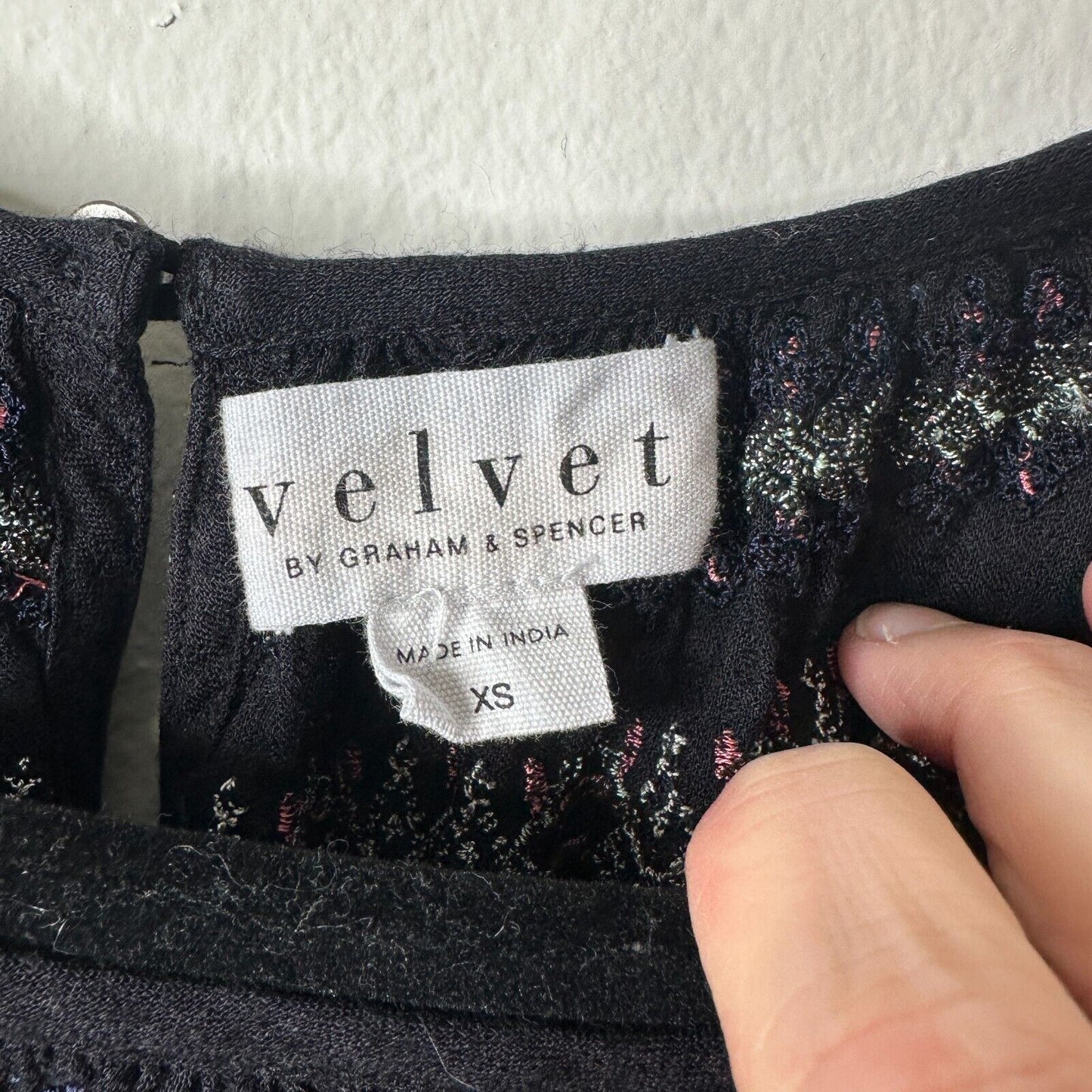 Velvet By Graham & Spencer Eva Black Peasant Top Pastel Embroidered Neck XS