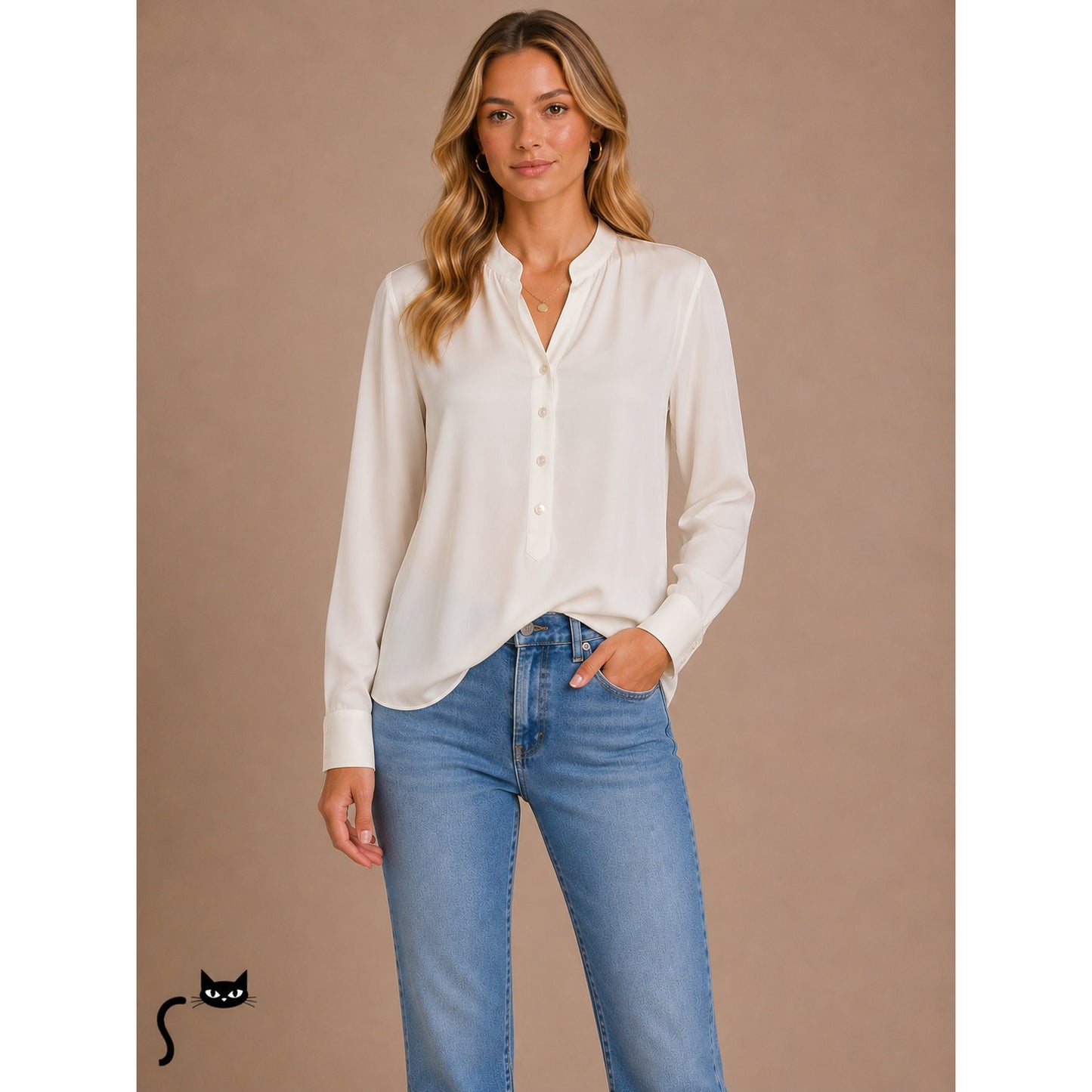 Stella McCartney Eva Cream Silk 3/4 Button Mandarin Collar Blouse 42 / M