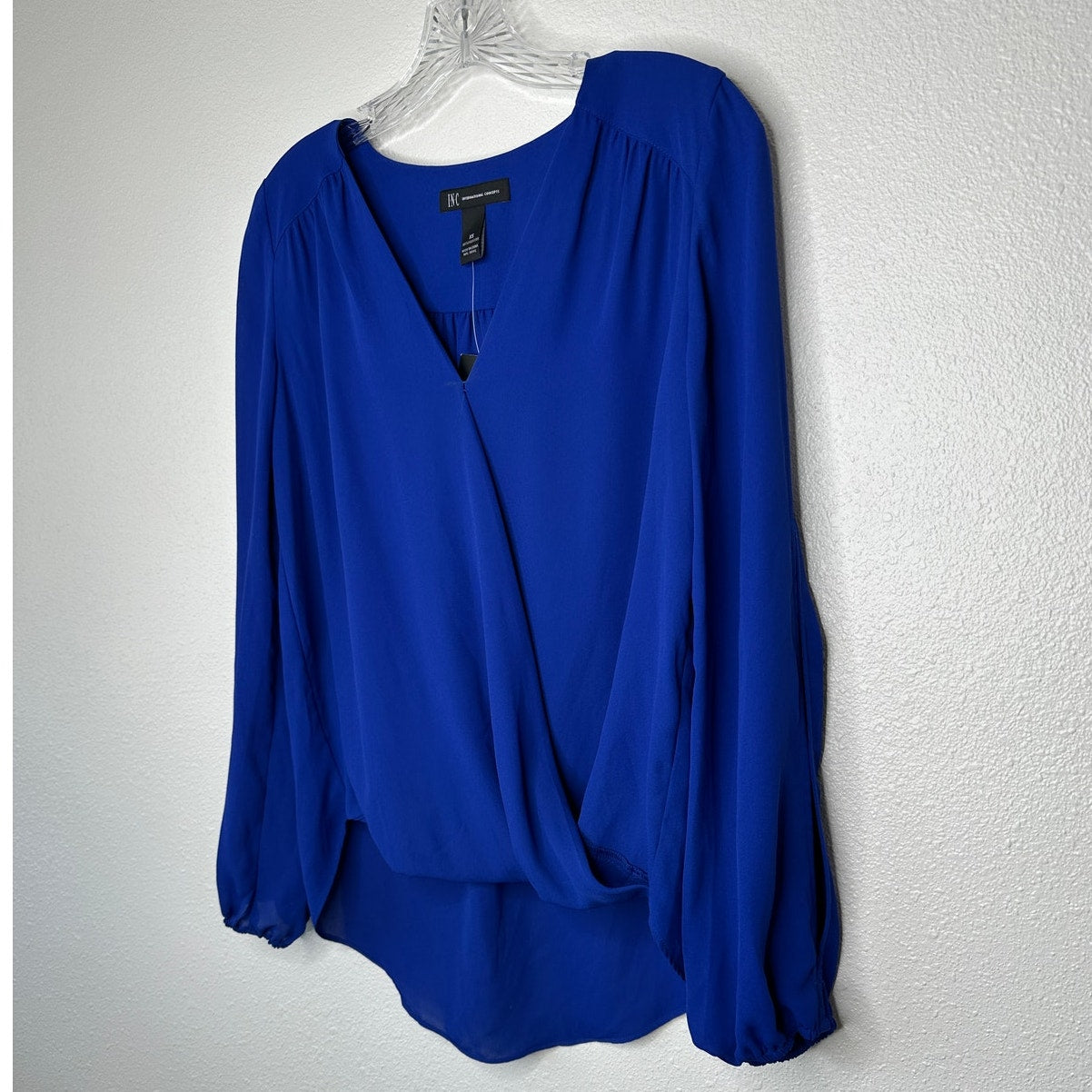 NWT INC Royal Blue VNeck Faux Wrap Long Sleeve High-Low Blouse XS