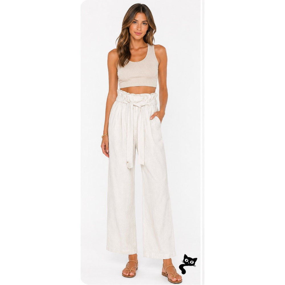 LPA Off White Linen Wide Leg Paperbag High Waist Self Tie Pleated Trousers L