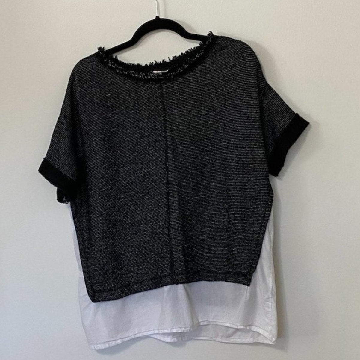 Caslon Black White Color Block Boxy Crewneck Woven Hem Striped Texture Top M