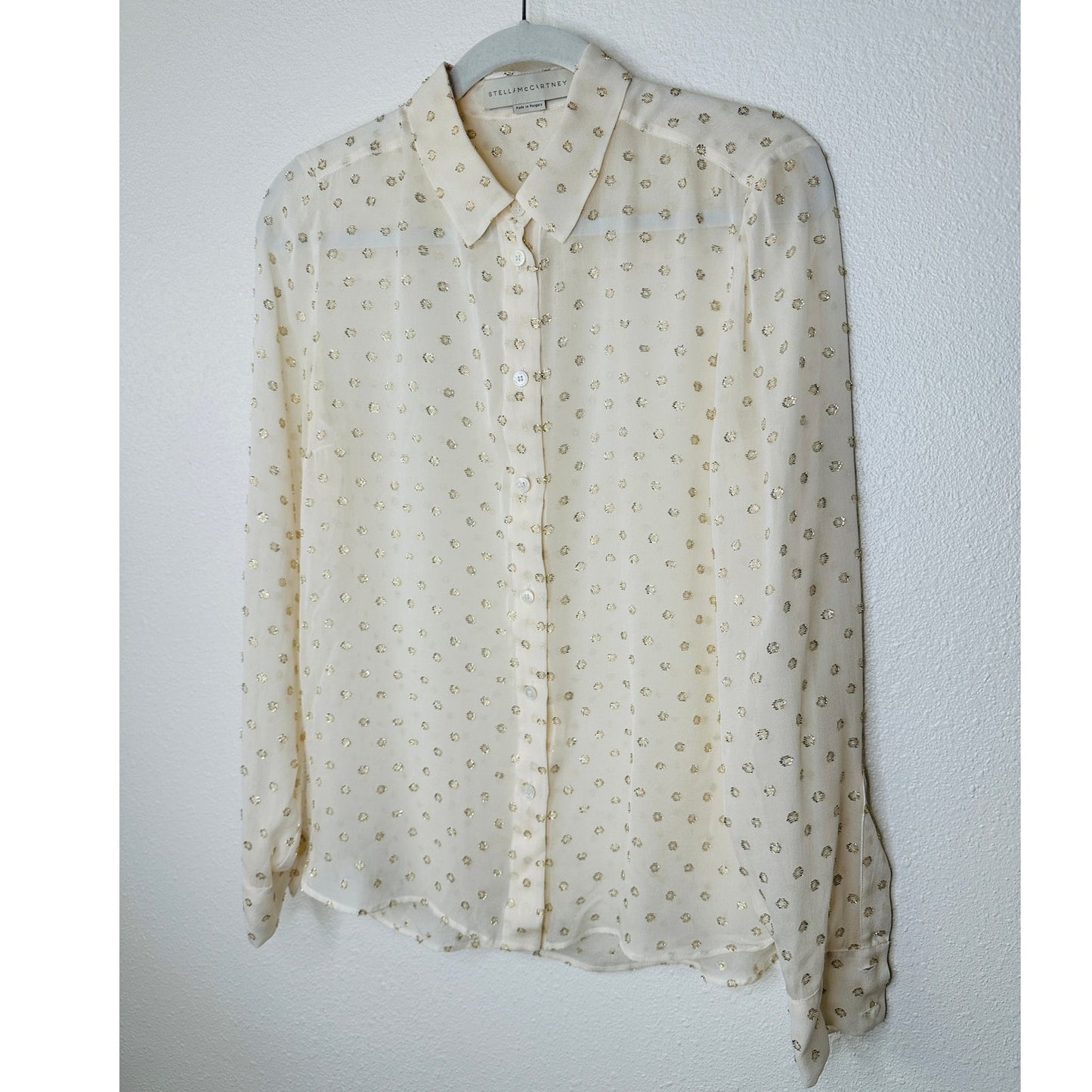 Stella McCartney Sheer Cream Gold Metallic Polka Dot Button Sheer Blouse 44 / L