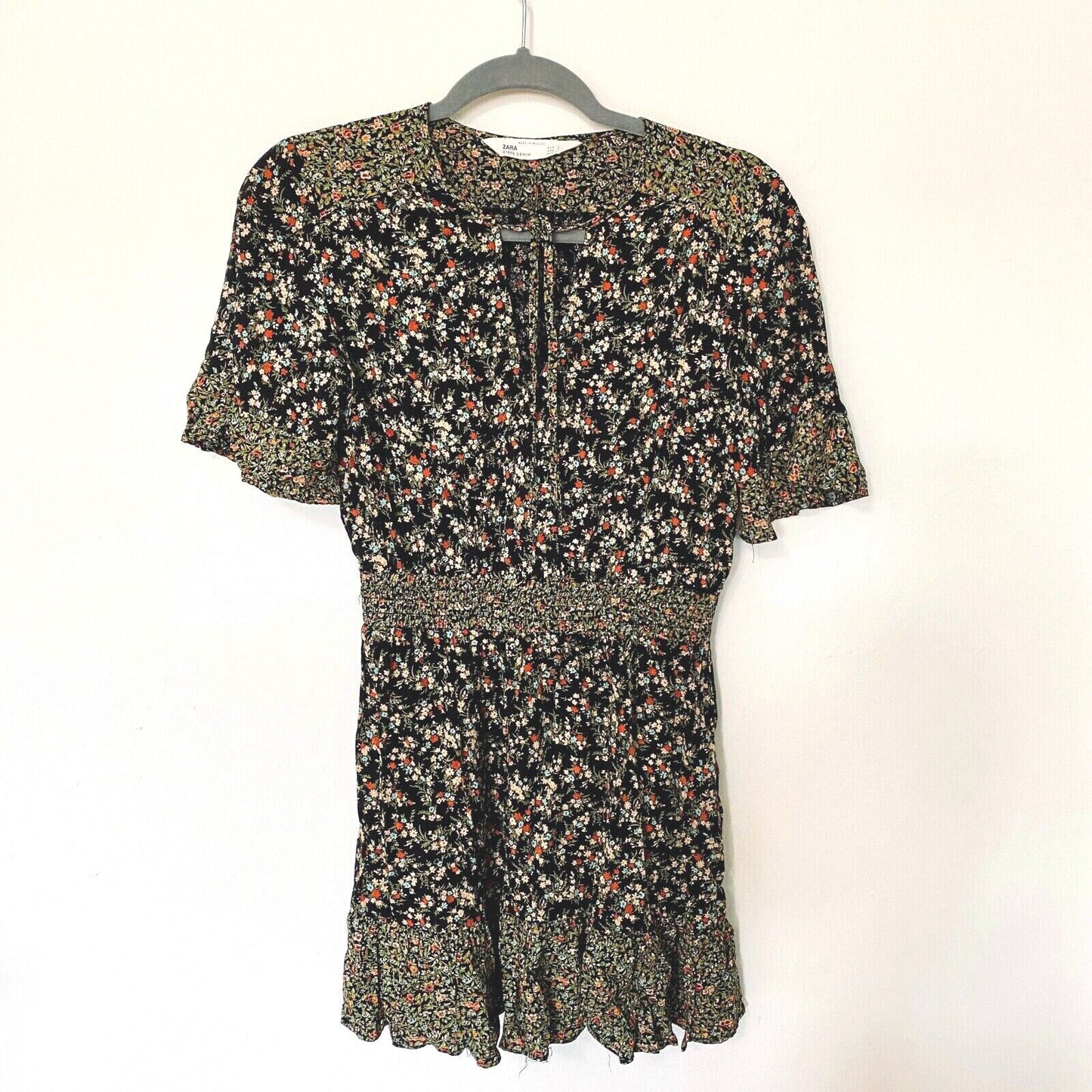 Zara Peasant Boho Black Multi Floral Tiered Ruffle Mini Sundress Tie Front Small