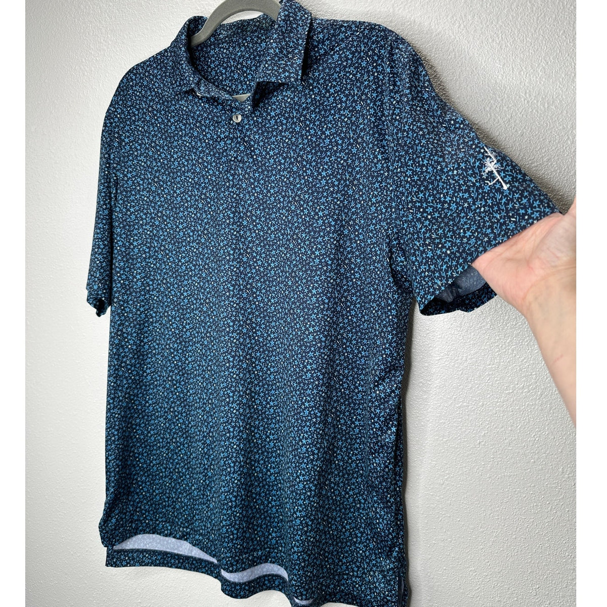 Black with Blue Ocean Starfish Print Polo Golf Shirt Short Sleeve Large