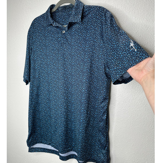 Black with Blue Ocean Starfish Print Polo Golf Shirt Short Sleeve Large