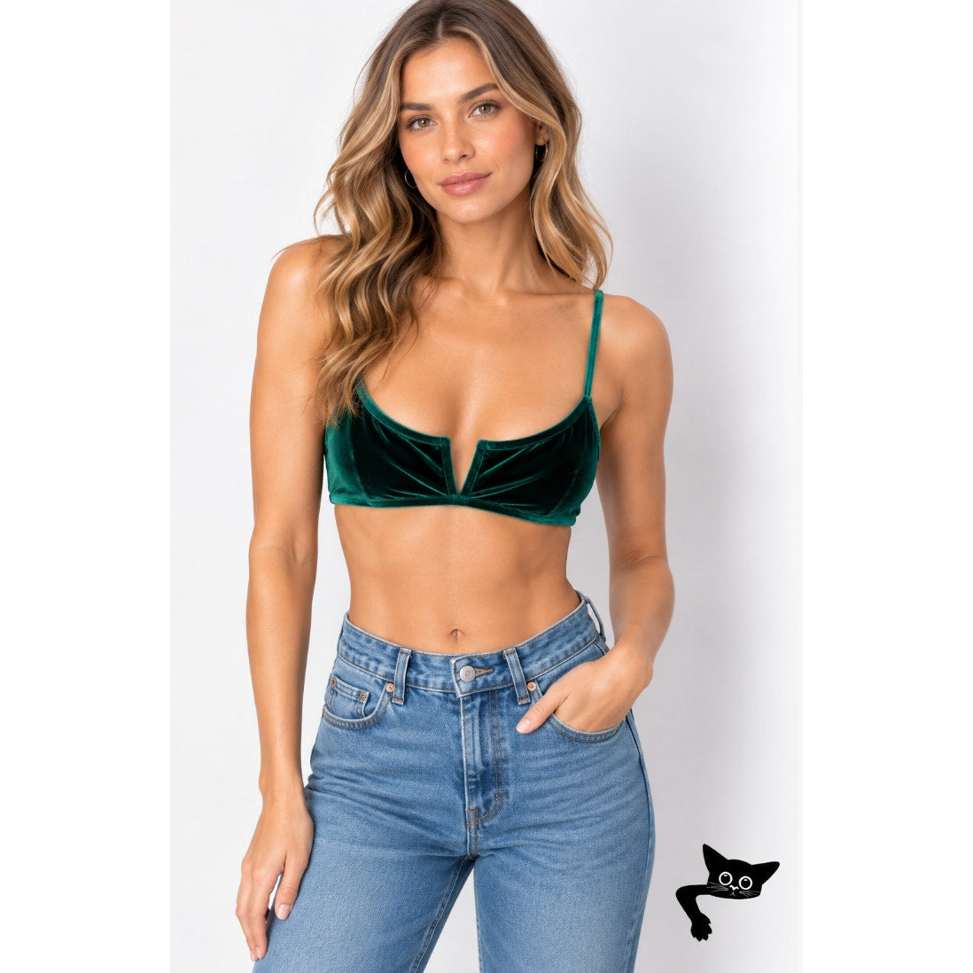 South Beach Forest Green Jade Velvet V-Cutout Bikini Top Gold Hardware 6