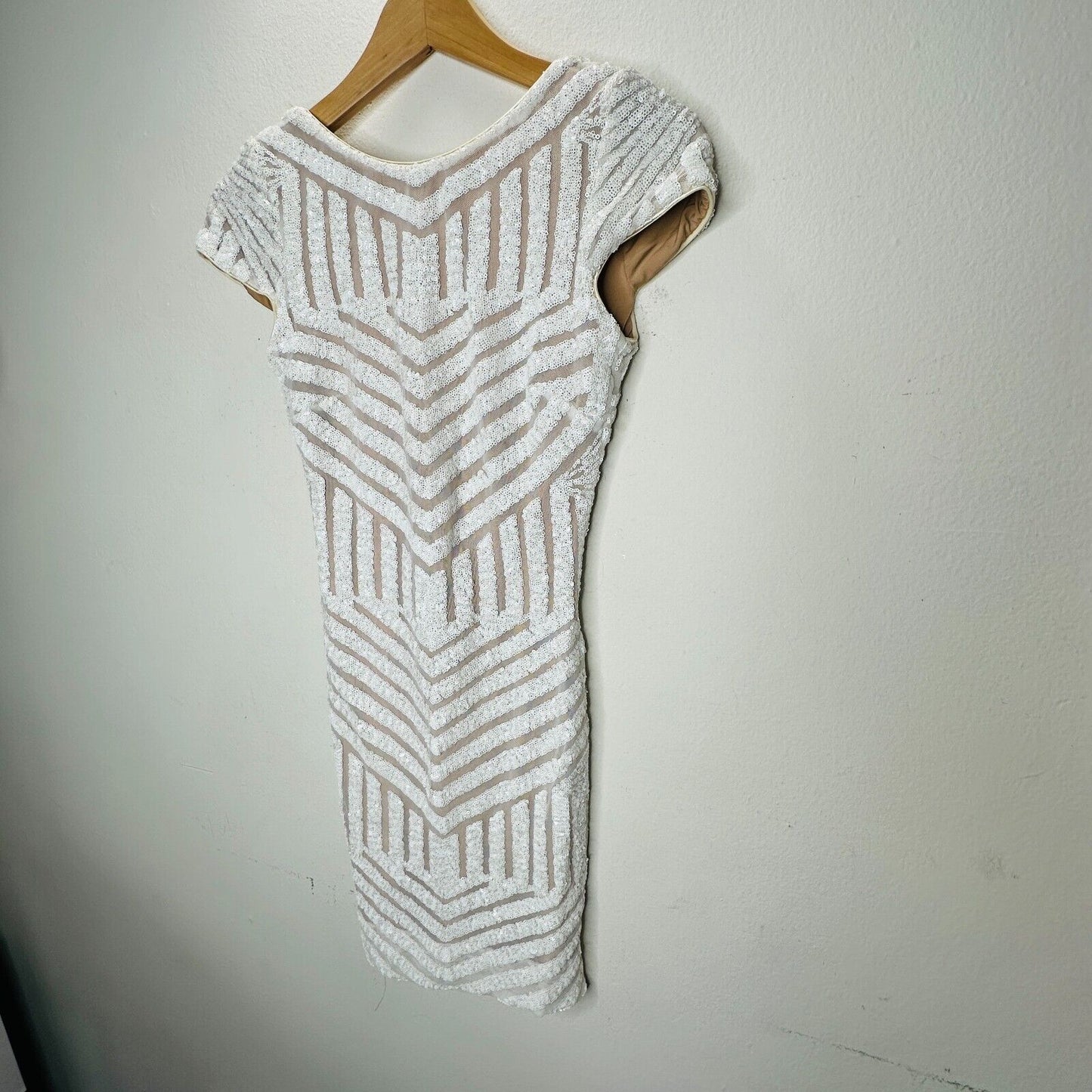 NWT Dress The Population White & Nude Sequin Aztec Print Open Back Cap Sleeve S