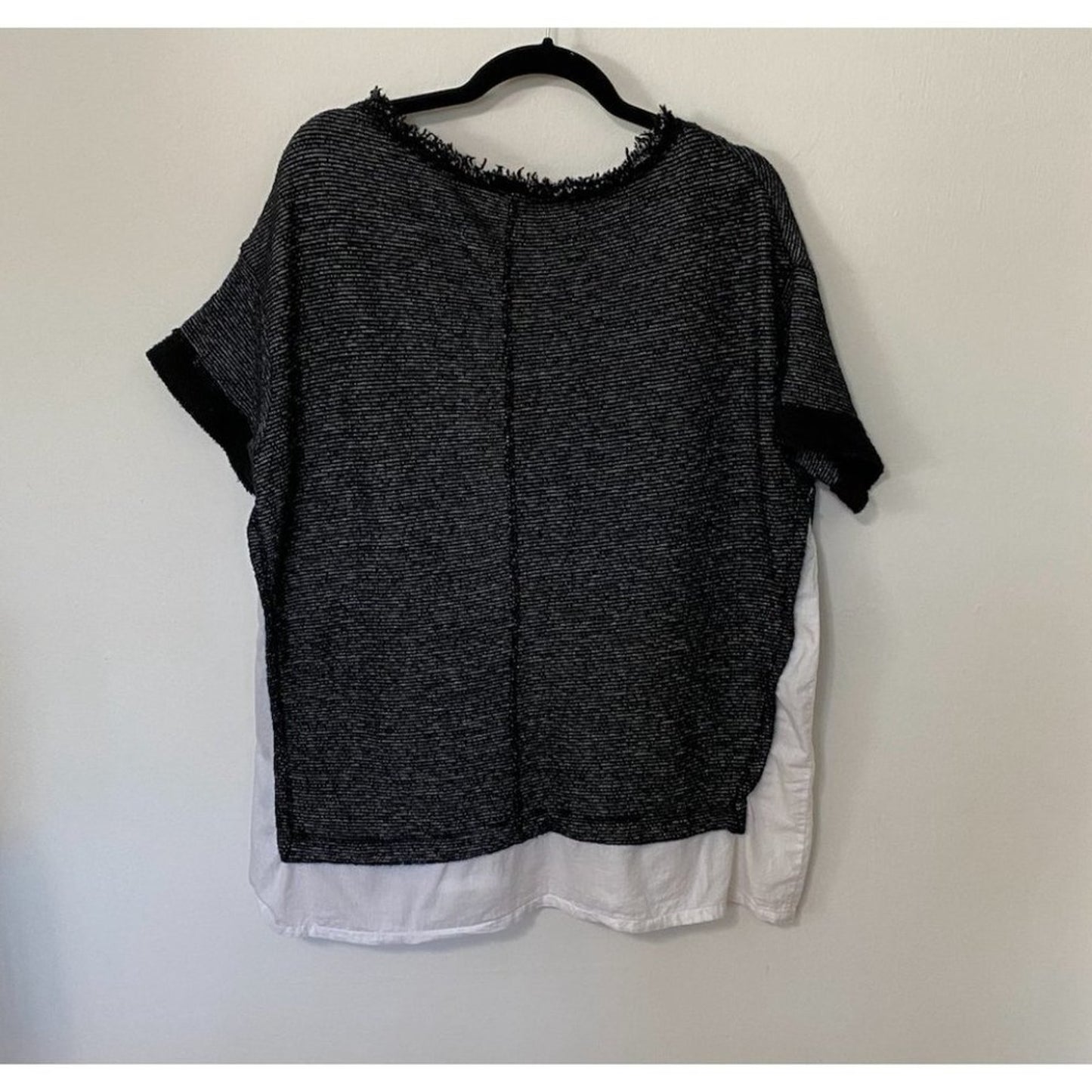 Caslon Black White Color Block Boxy Crewneck Woven Hem Striped Texture Top M