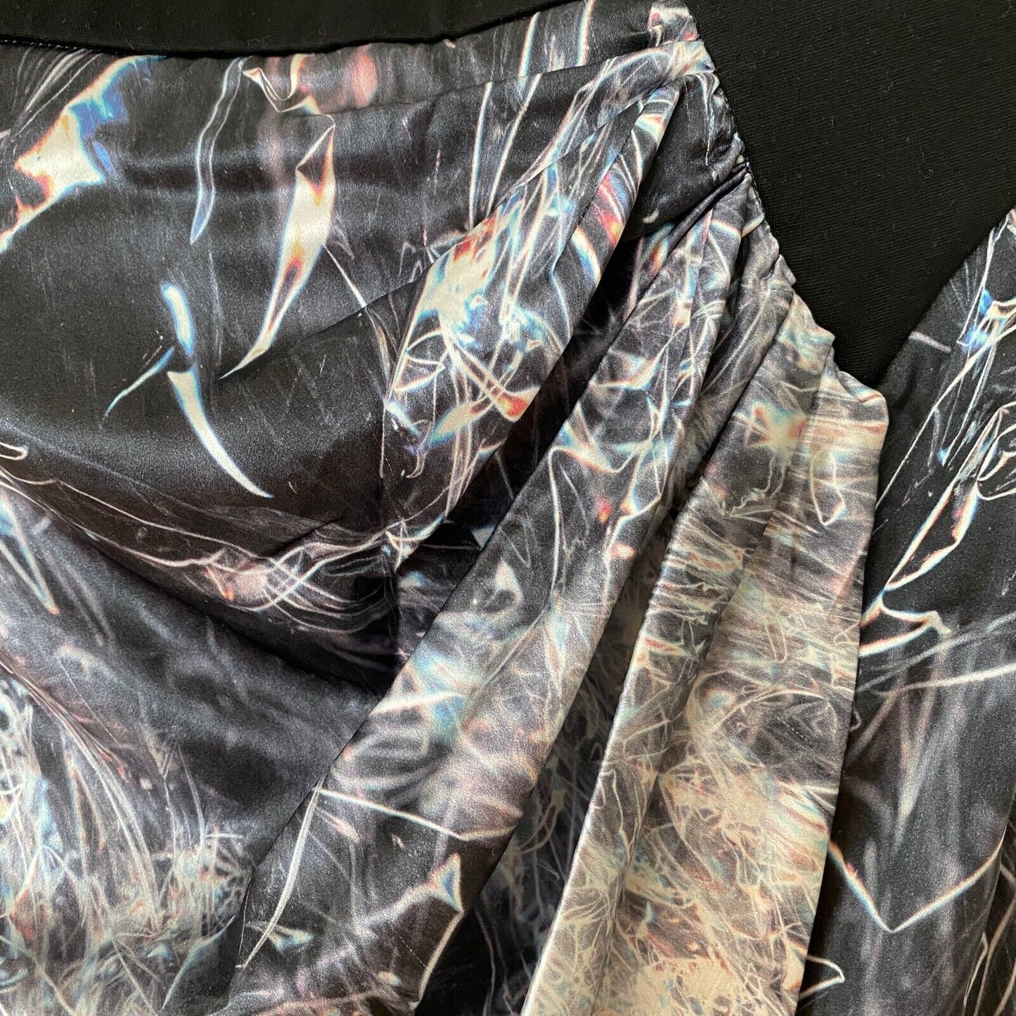 Helmut Lang SILK Cellophane Print Faux Tulip Hem Wrap Skirt Black Silver & Blue