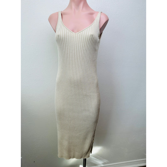 Aqua Tan Ribbed VNeck Sleeveless Side Button Midi Dress L