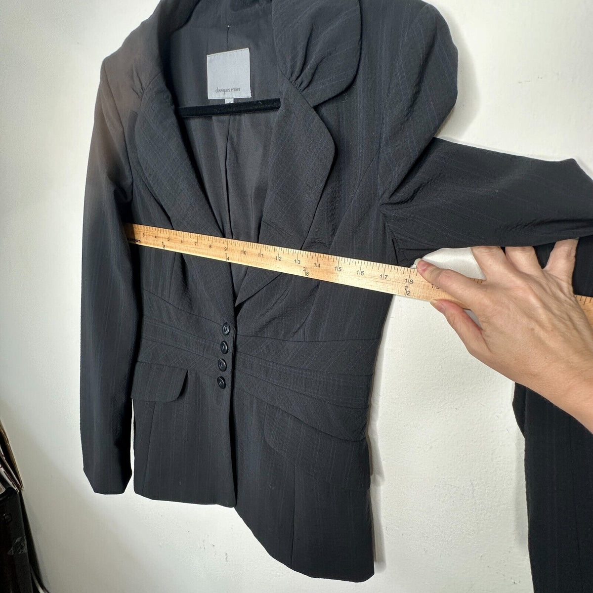 Classiques Navy Blue Pinstripe Fitted Peplum Waist 4-Button Wool Blazer 10