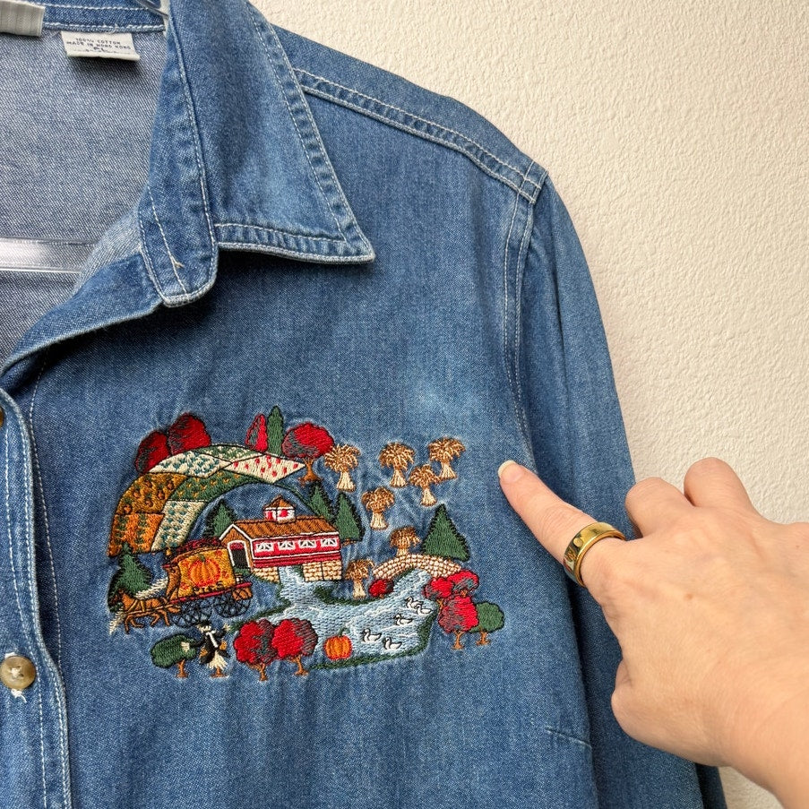 Vintage Cabin Creek Embroidered Denim Shirt Women Size PL