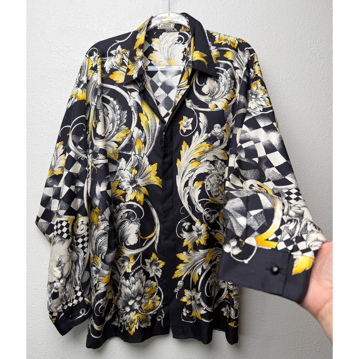 Vintage Gianni Versace Il Leone Barocco Lion Silk Shirt Black Yellow Men's XL