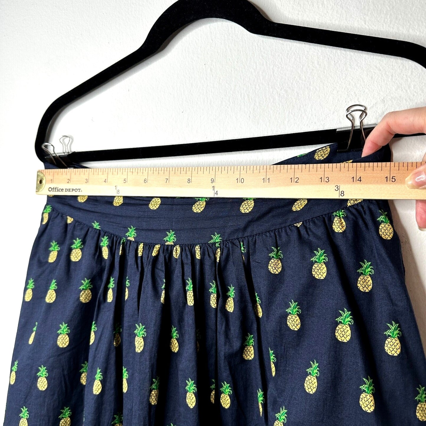 Mo:Vint NY Navy Pineapple Print Pleated Tie Pocket Circle Cotton Midi Skirt SM