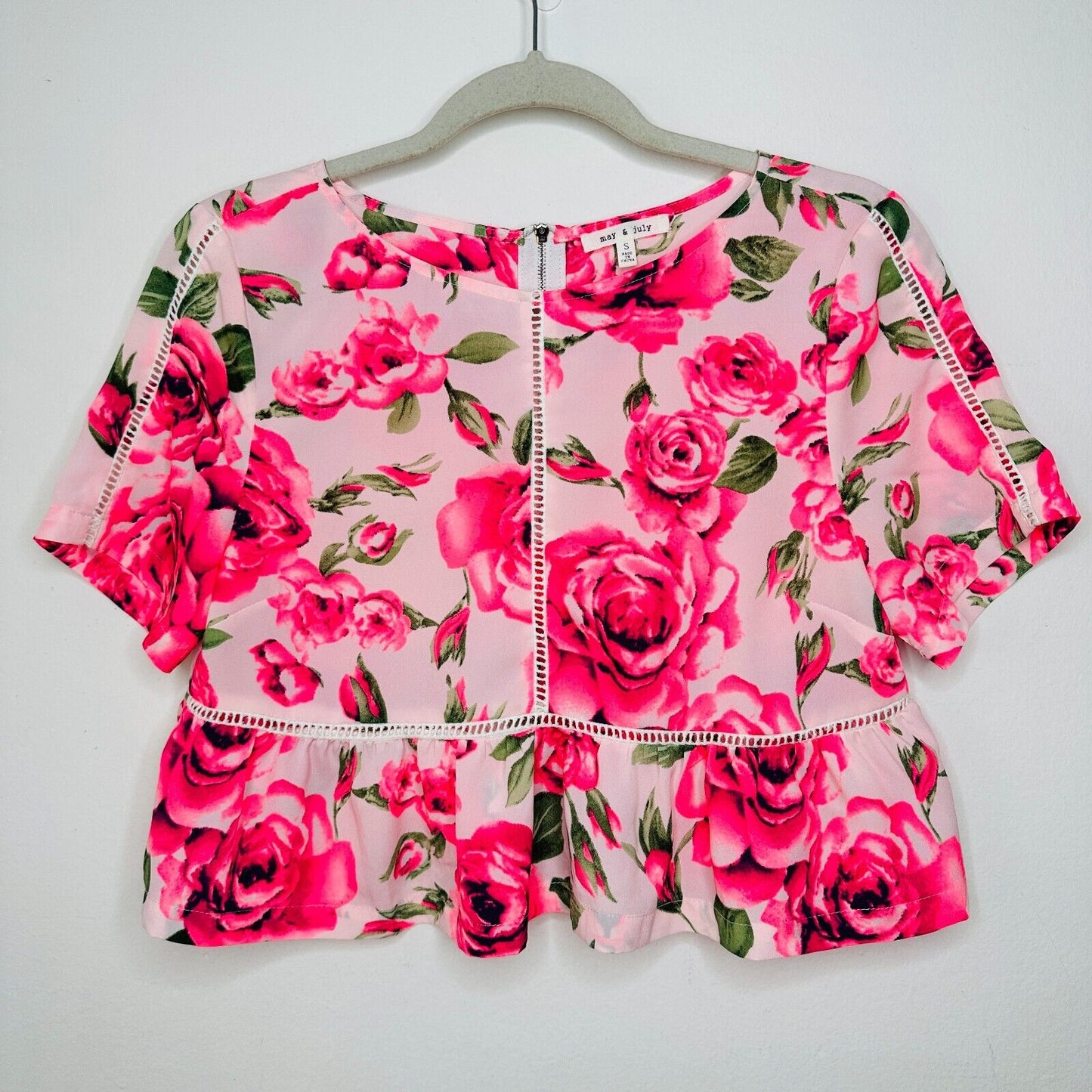 May & July Hot Pink and Green Floral Rose Short Sleeve Peplum Crop Blouse S