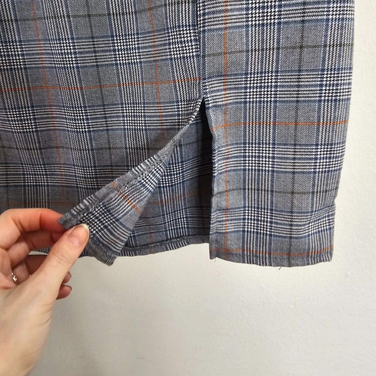 NWT Windsor Gray & Orange Plaid Print High Waist Side Slit Stretch Mini Skirt S