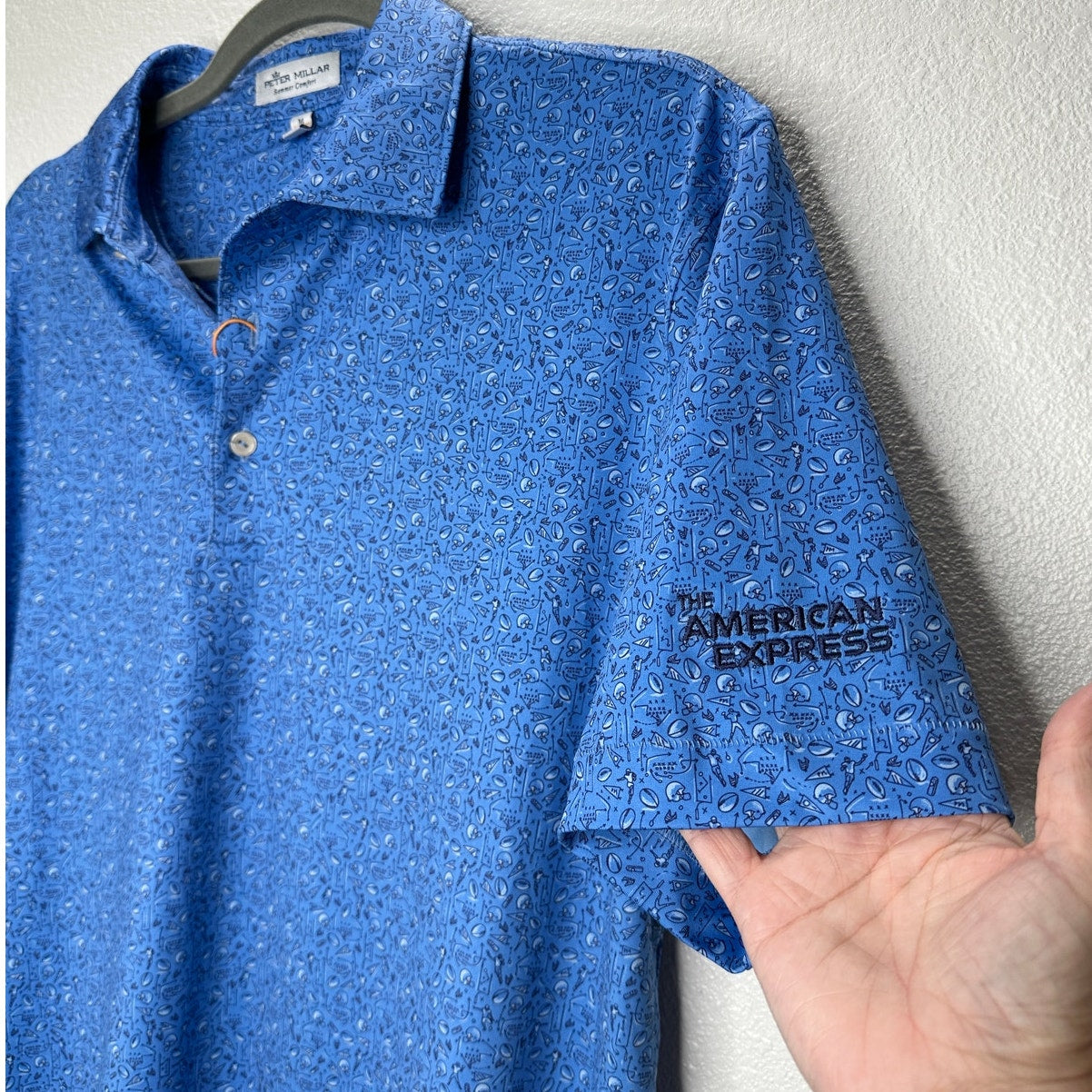 NWT Peter Millar Blue Football Print Short Sleeve Polo Shirt M