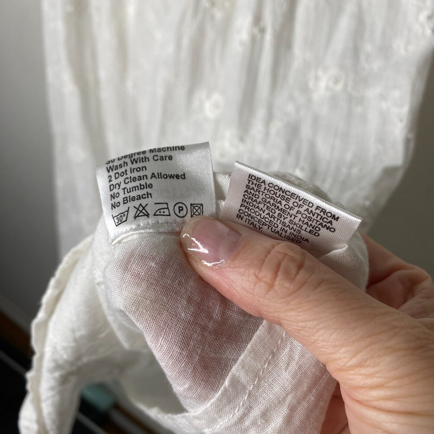 Antica Sartoria Gauze and Crochet Beaded Half Button White Dress 3/4 Sleeves S