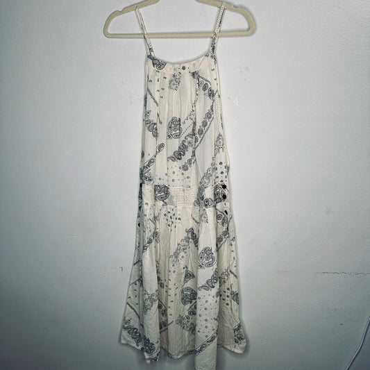 Anthro Cream Black Scarf Print Ruffle Spaghetti Strap Pleated Flowy Dress Med
