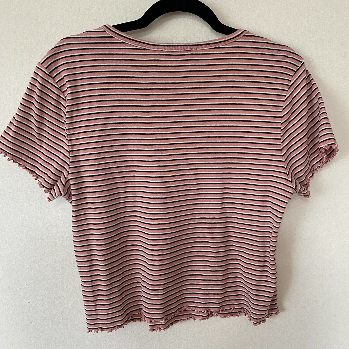 Blush Pink Black & White Stripe Round Neck Crop Top Lettuce Hem Top 1X