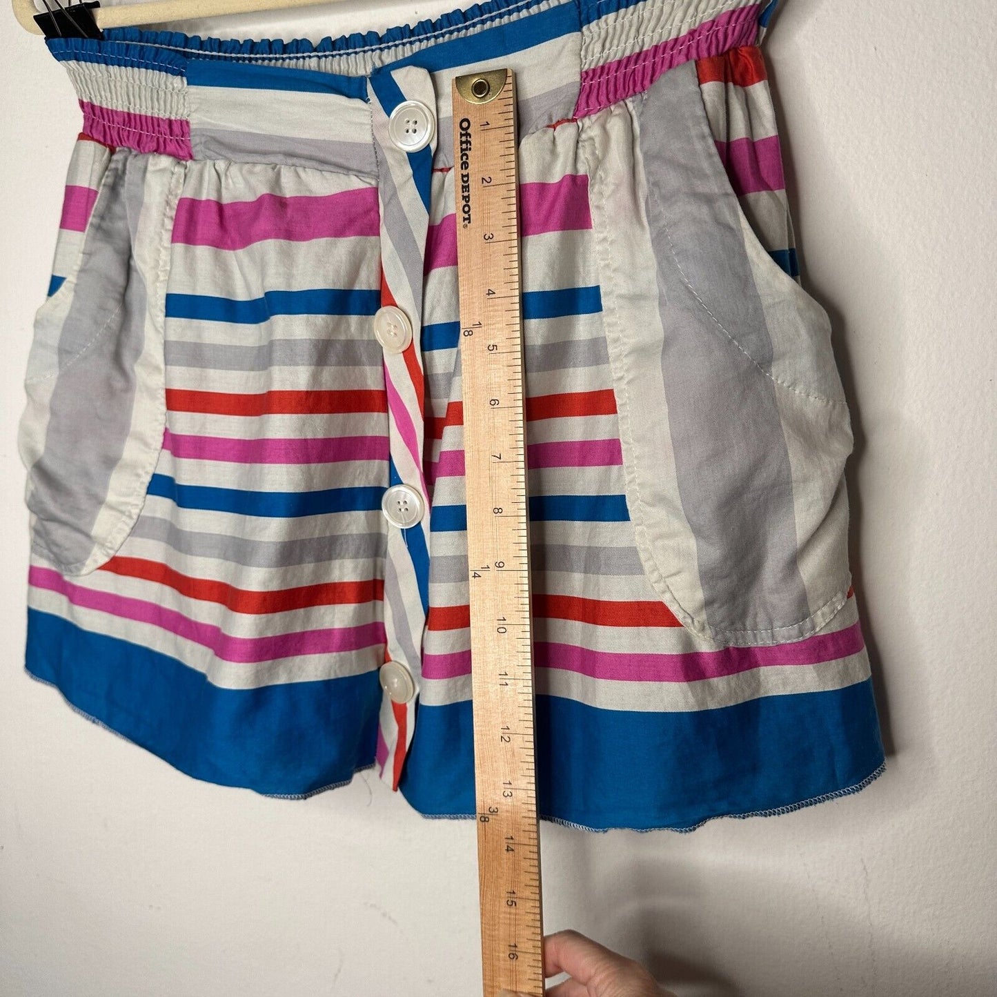 Nautical Blue Pink White Gray Stripe Button Front Patch Pockets Mini Skirt Small