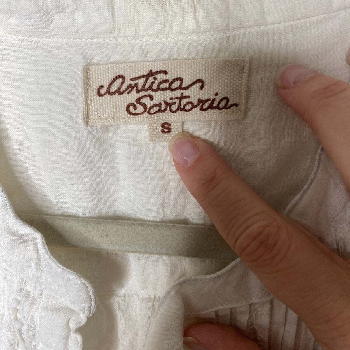 Antica Sartoria Gauze and Crochet Beaded Half Button White Dress 3/4 Sleeves S