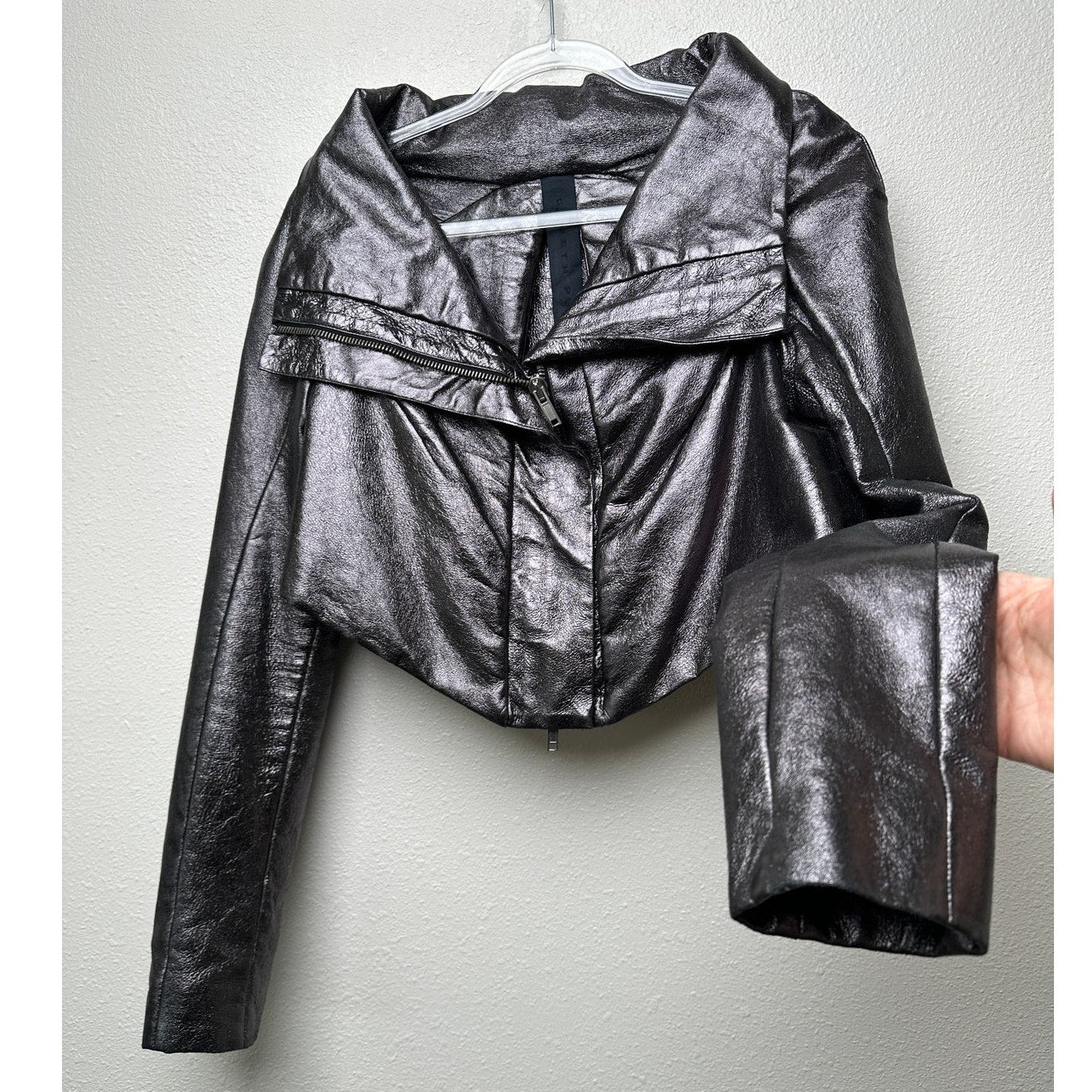 Gareth Pugh gunmetal calf leather cropped jacket women’s 10 draped zip