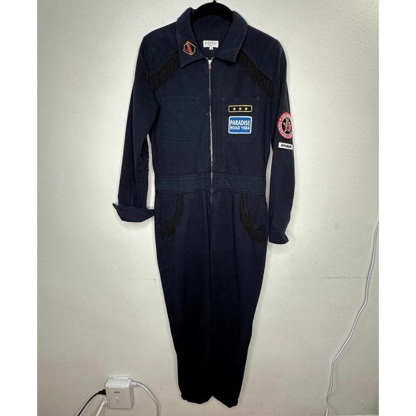 Claudie Pierlot Blue Denim Tassled Long Sleeve Front-Zip Cuffed Hem Jumpsuit 36