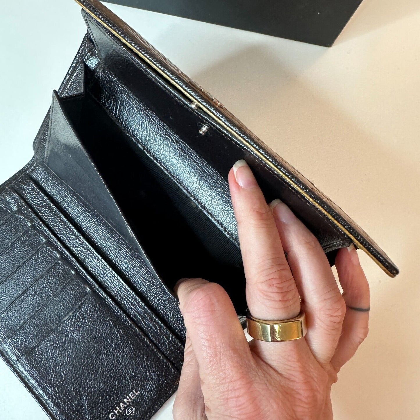 Authentic Chanel Tri-Fold Wallet Gold & Black Interior Trim Leather gold CC Logo