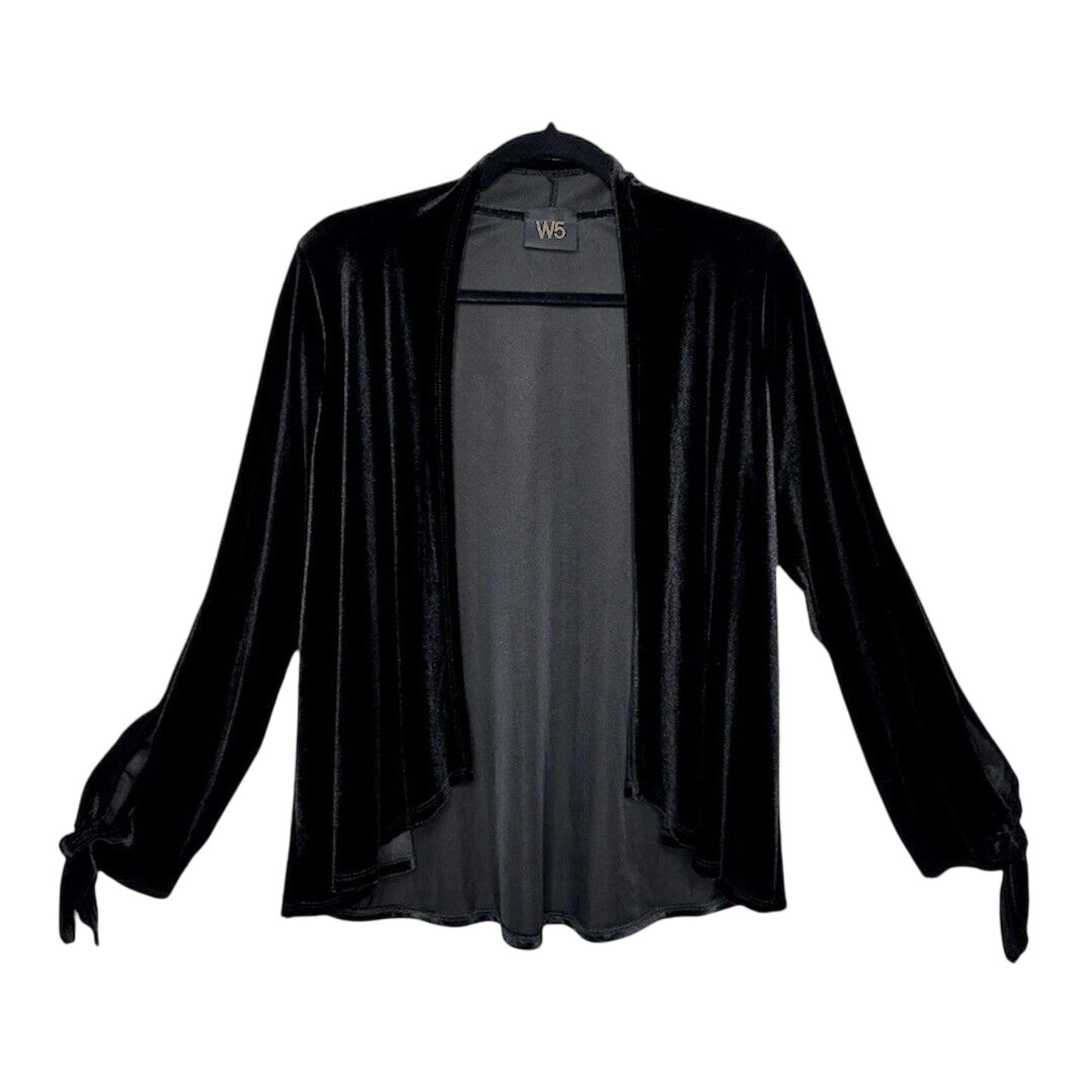 Jet Black Velvet Velour Waterfall Open Front Cardigan Long Sleeve with Ties M