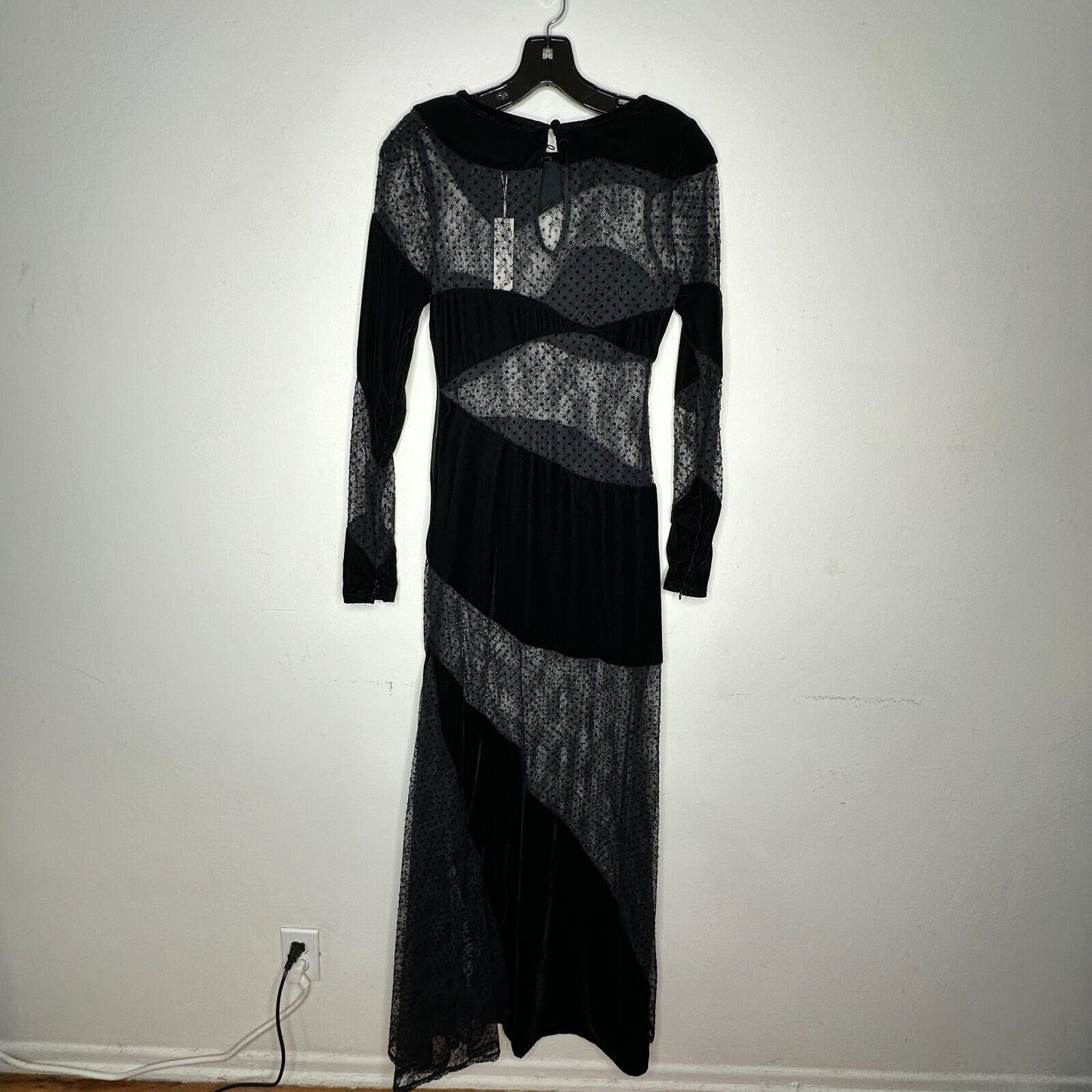 For Love & Lemons Carolyn Sheer Black Velvet Wavy-Flock Dot Lace Panel Dress XS