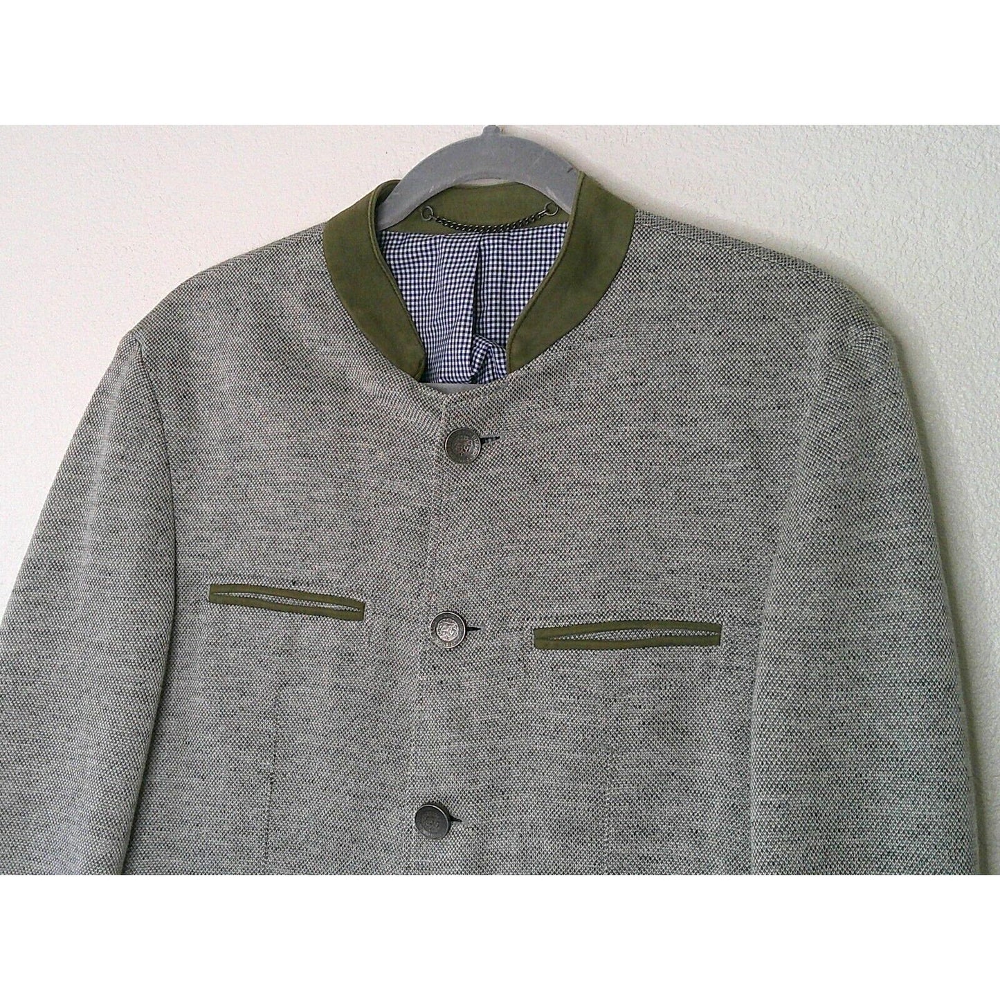 Windsor Blue Tweed with Sage Green Suede Neckline Pockets Patch Elbow Jacket 46