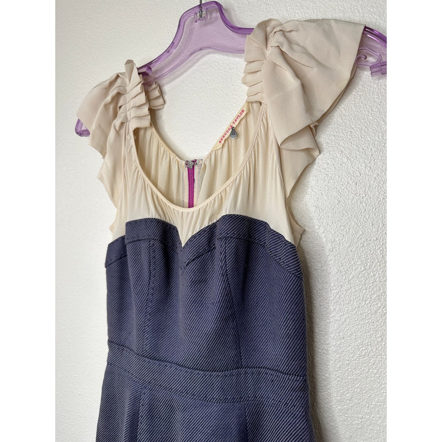 Rebecca Taylor Cream Ruffled Pleat Shoulder Blue Jean Stripe Linen Sheath Dress 0