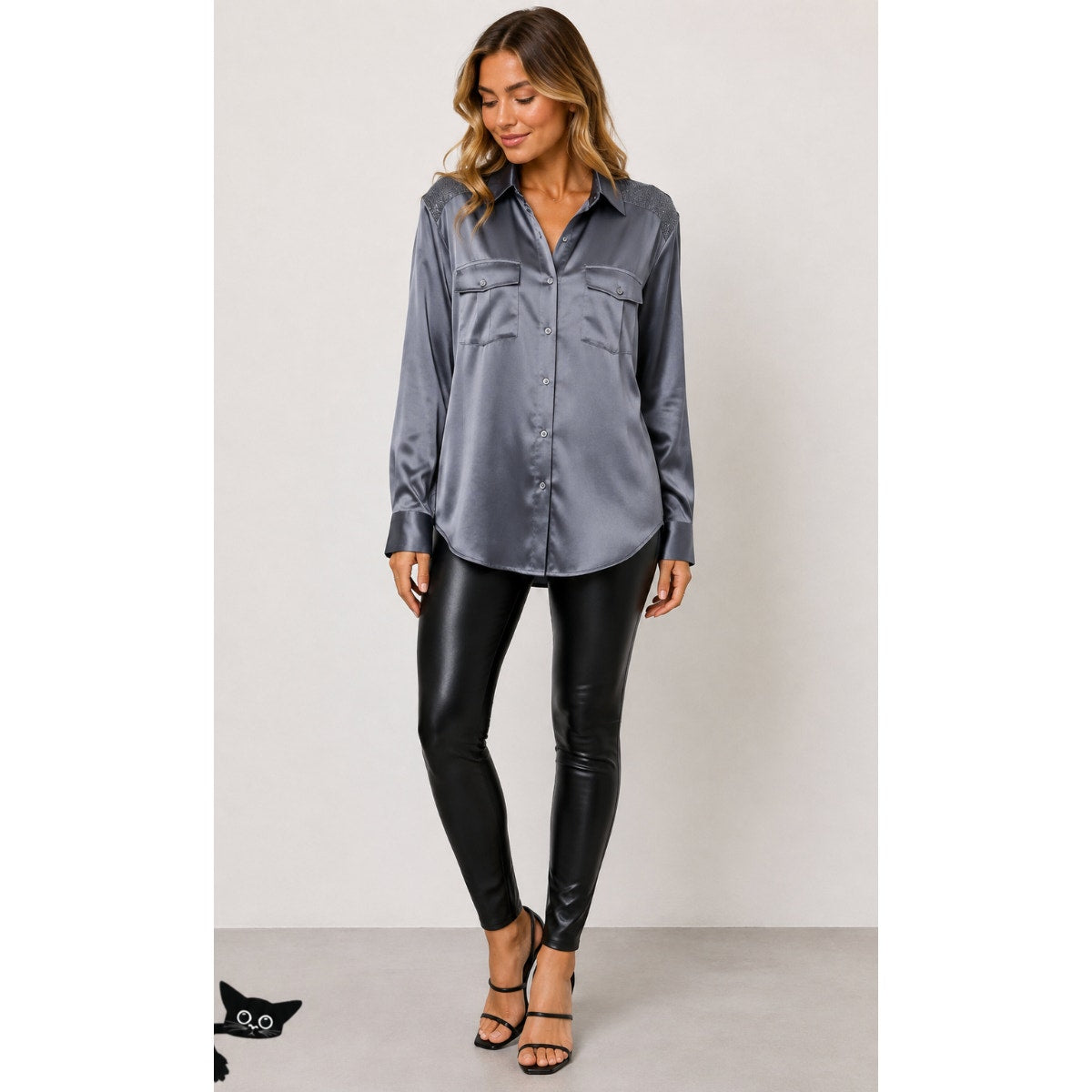 NWT Brunello Cucinelli Lead Gray Silk Beaded Fuzzy Shoulders Snap Shirt XL