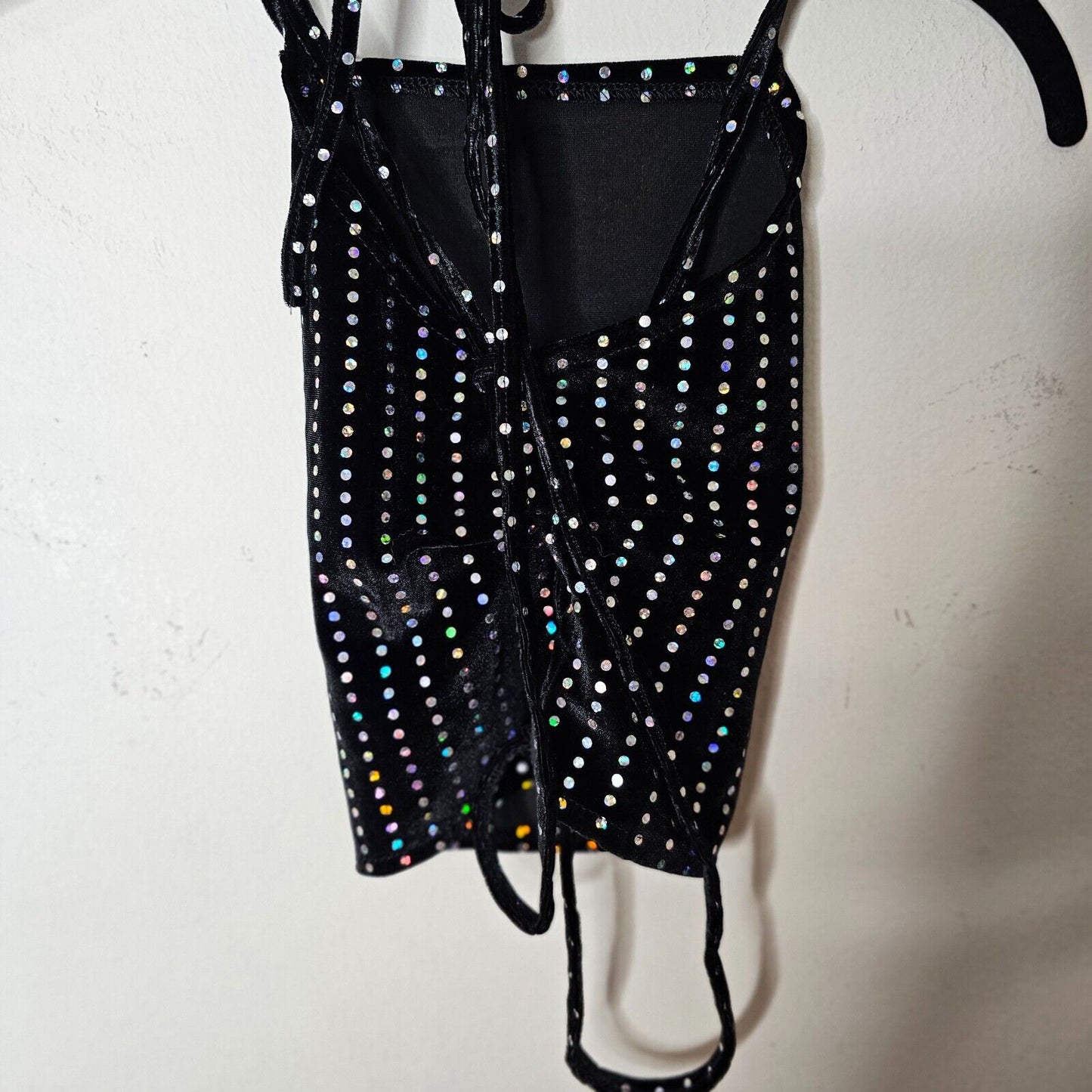 NWT Subdued Black Velour Silver Metallic Polka Dot Strappy VBack Crop Top 0