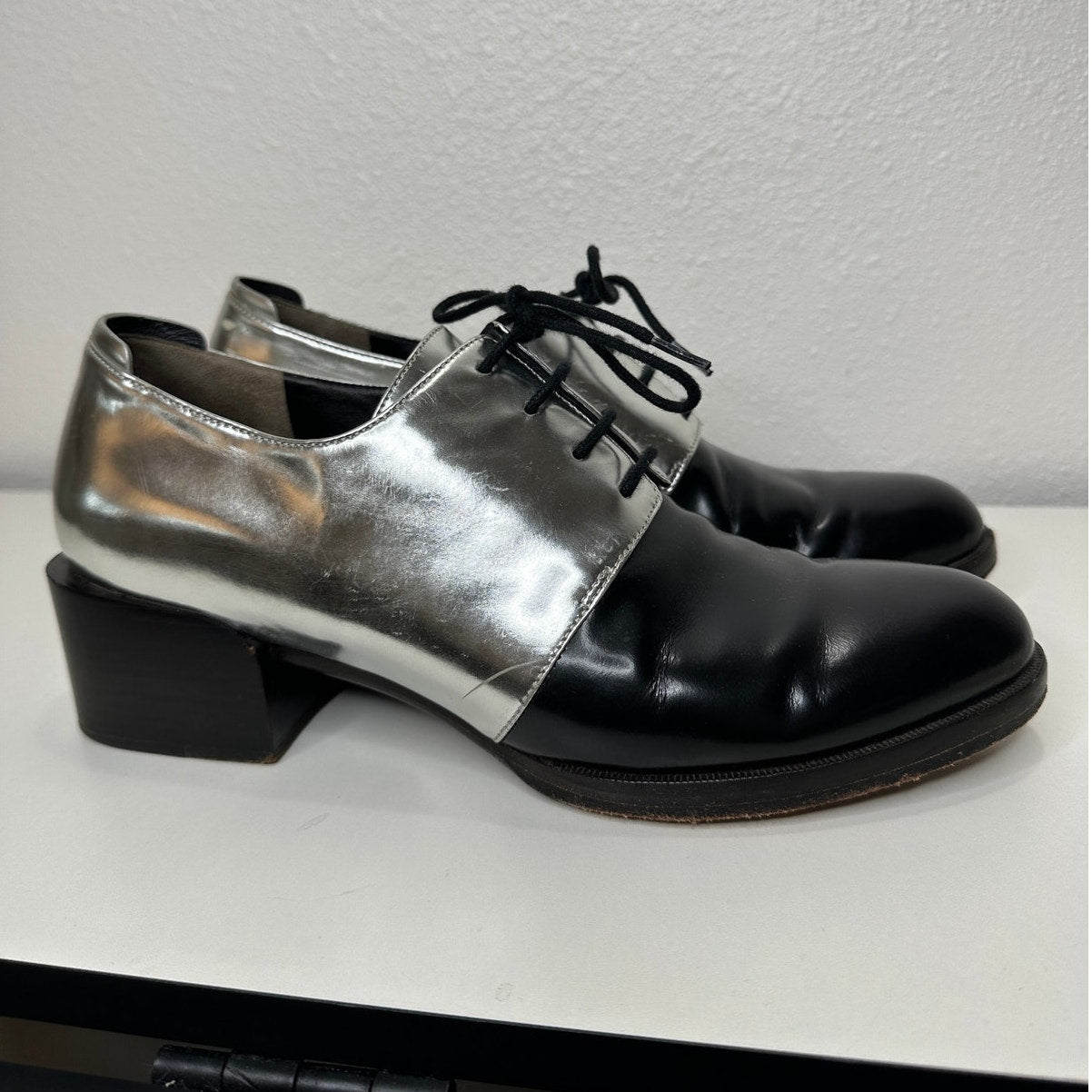 3.1 Phillip Lim Jillian Metallic Silver Shiny Black Oxford Tie Shoe 38 / 7.5