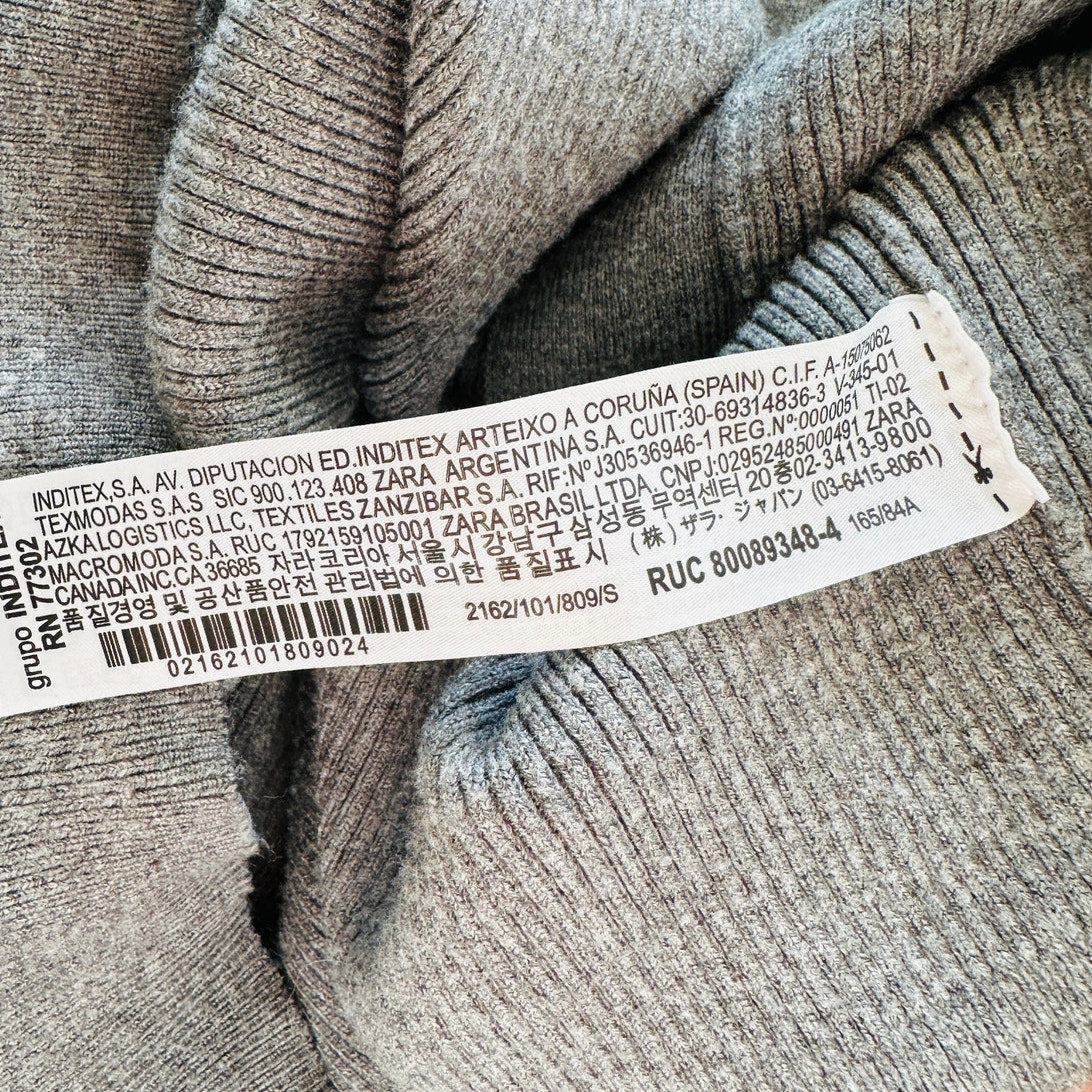 Zara Heather Gray Micro Rib V-Neck Front Button Long Sleeve Crop Cardigan Sweater S