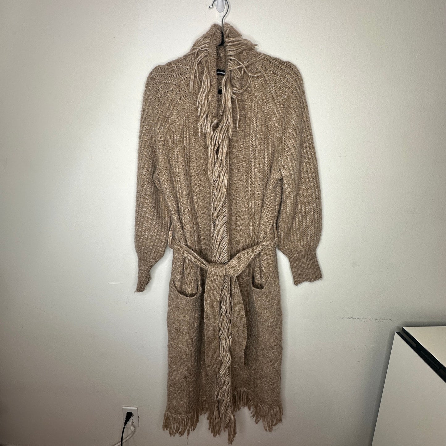 Olivaceous Tan Cream Cable Knit Fringe Trim Midi Cardigan L