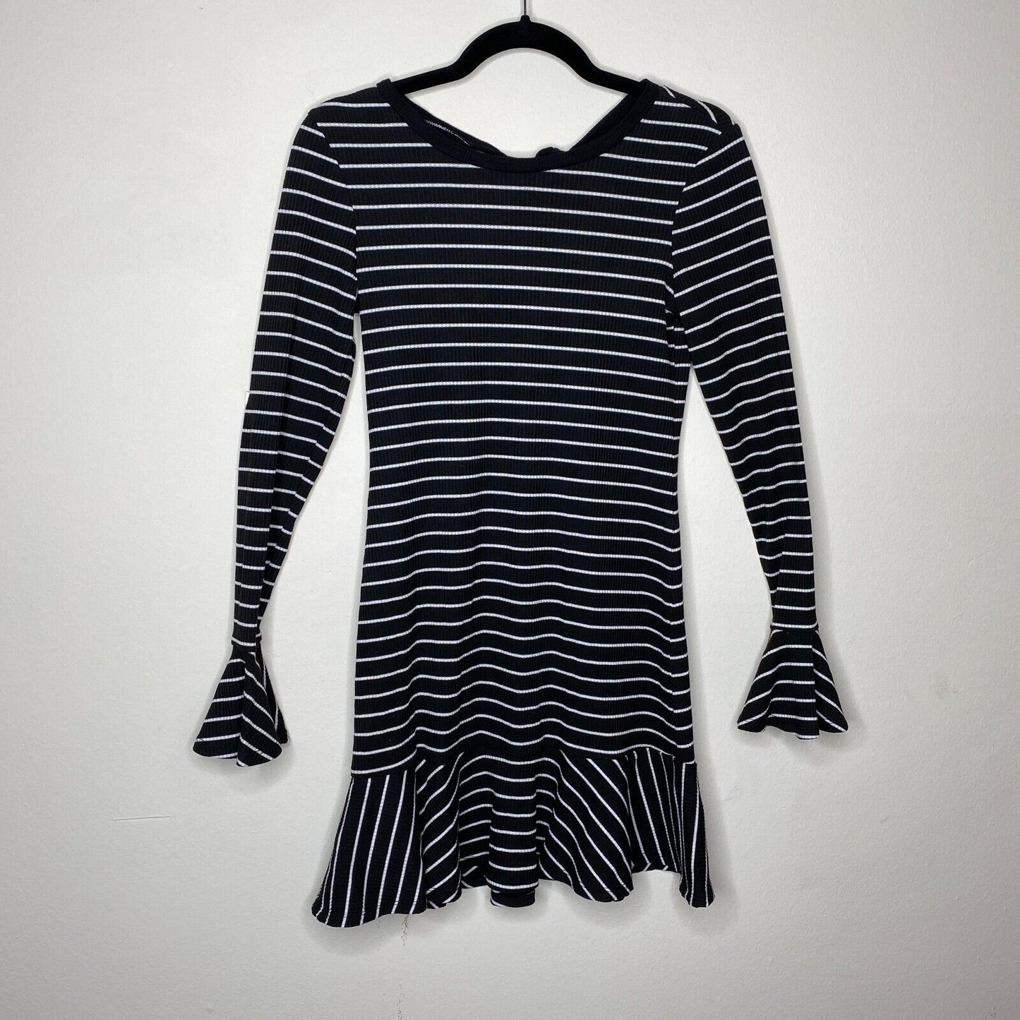 Saylor Black & White Stripe Tessa Bell Long Sleeve Keyhole Tie Knit Dress S