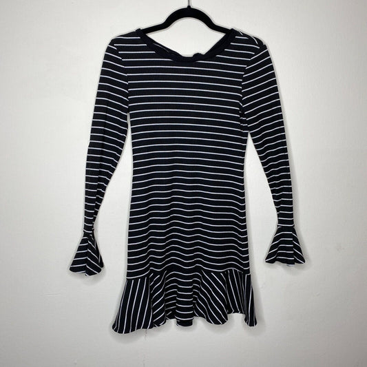 Saylor Black & White Stripe Tessa Bell Long Sleeve Keyhole Tie Knit Dress S