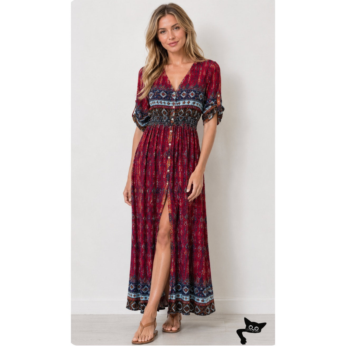 R. Vivimos VNeck Roll Tab Sleeve Button Front Paisley Dress Red Blue Multi Small
