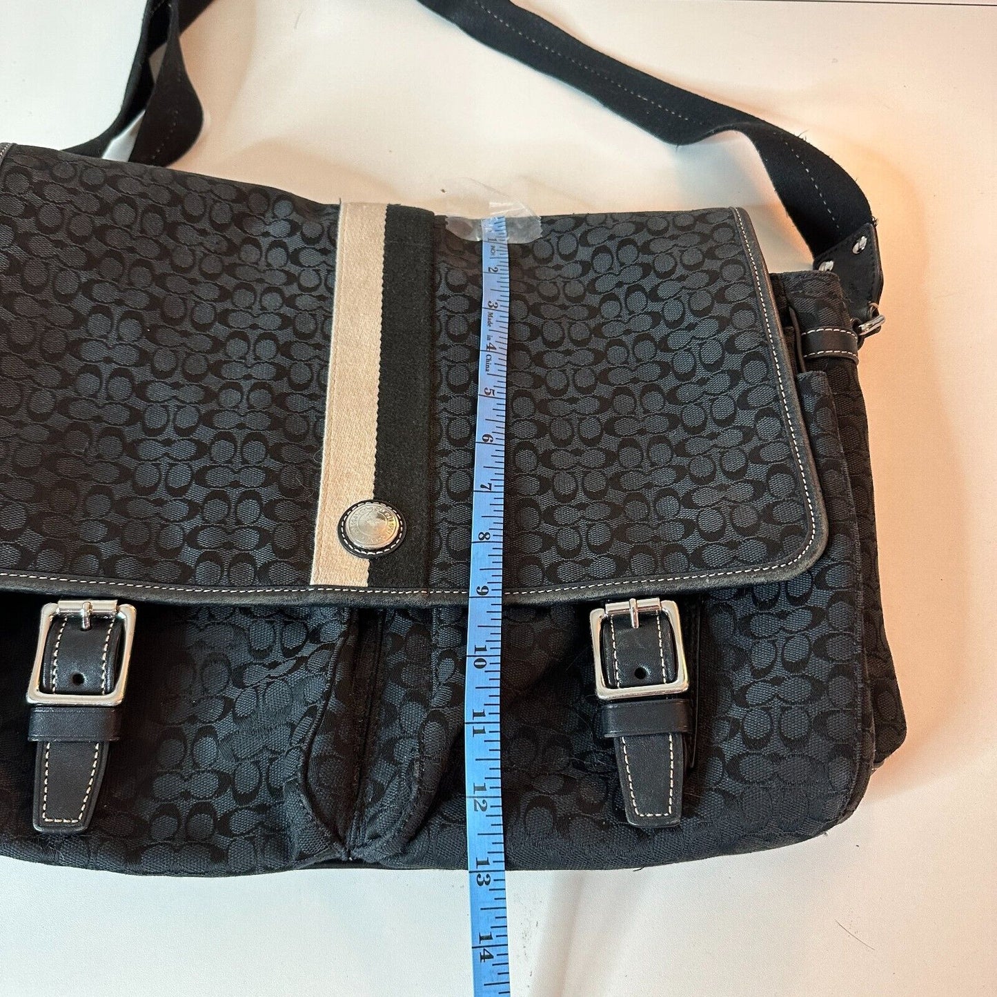 Coach Signature Black & Tan Voyager Messenger Buckled Shoulder Bag Blue Interior
