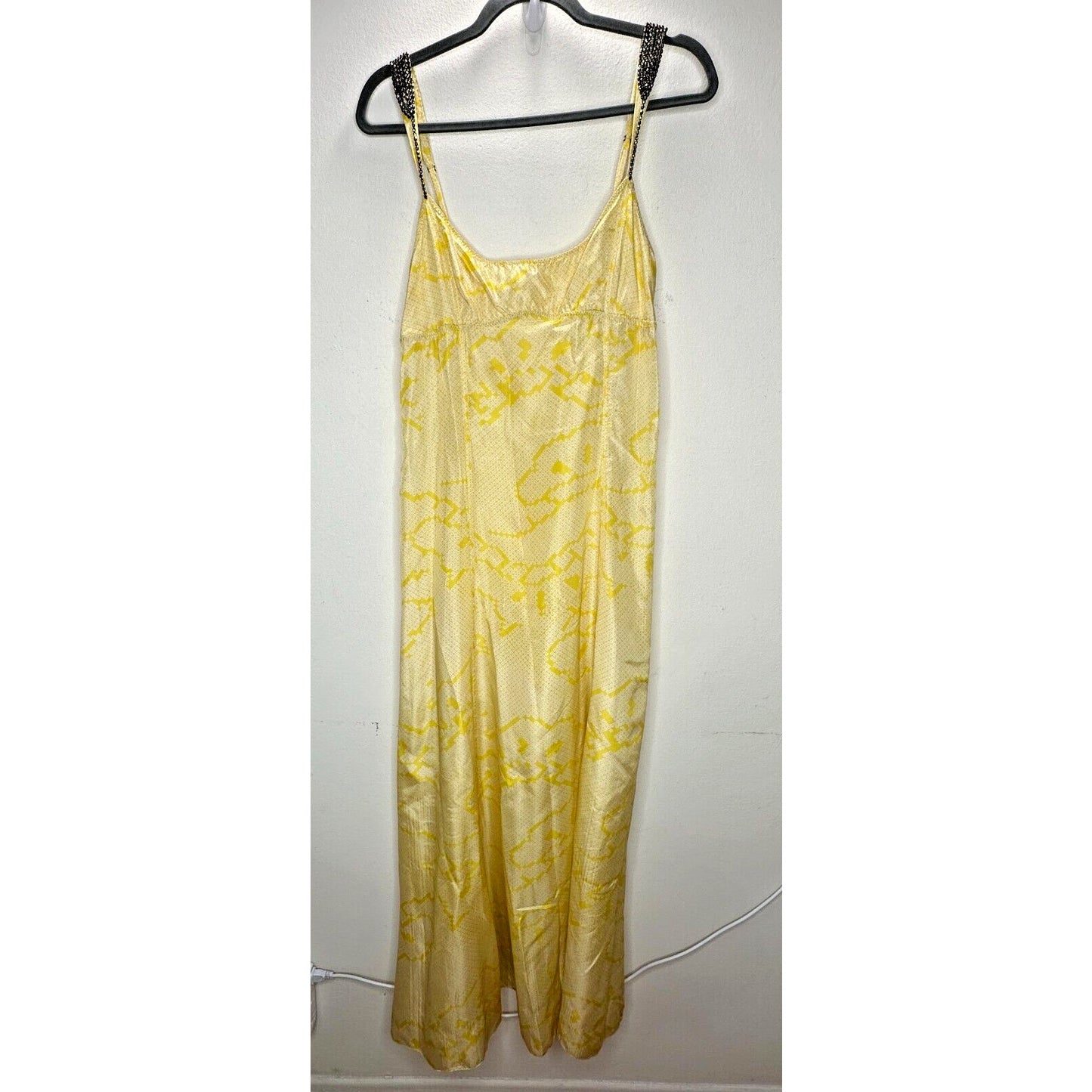 YA-YA 100% Silk Yellow Snake Print Round Neck Amber Beaded Straps Slip Maxi S
