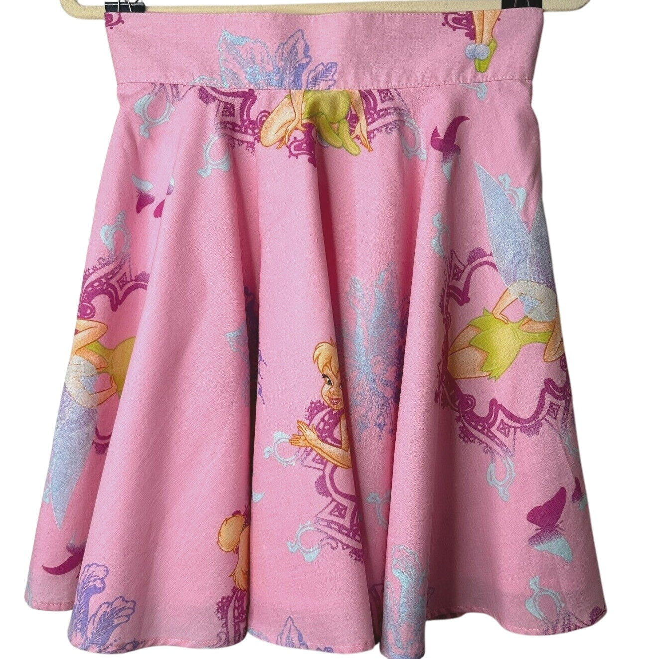 RARE Vintage Pink Tinker Bell Print Circle Skirt Lined Zip & Button Close S