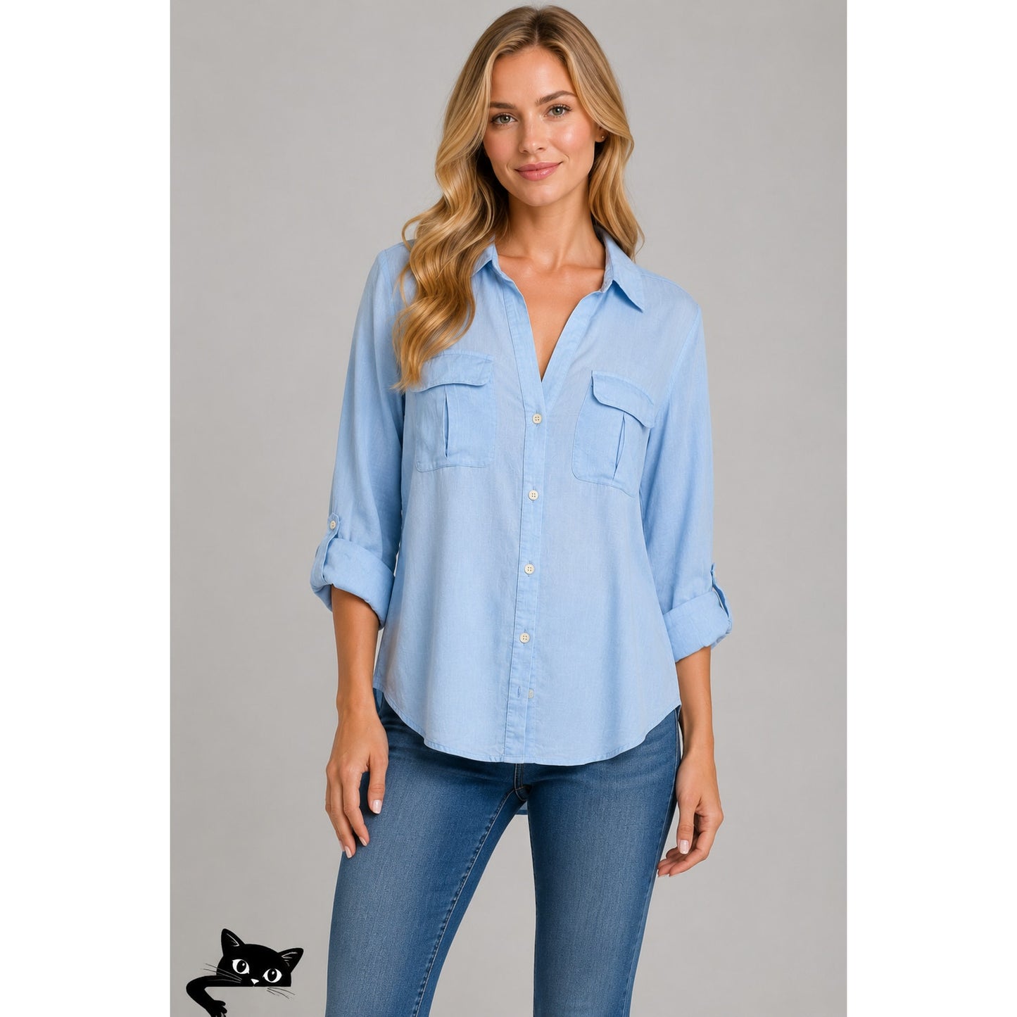 Joie Light Blue Button Front Pocketed Roll Tab Sleeve Denim Shirt XXS