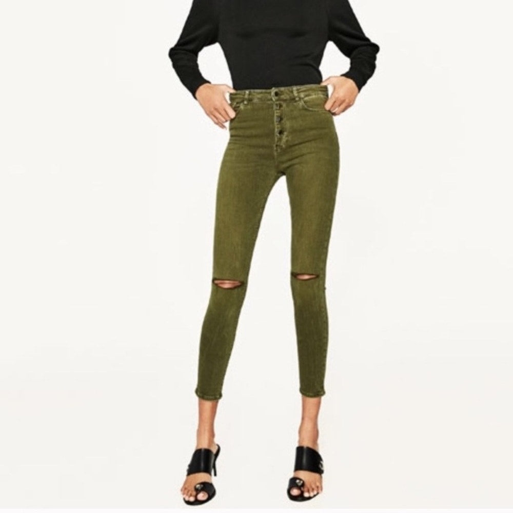 Zara Women Olive Green Button Fly Distressed Knee Skinny Jean High Waist 10