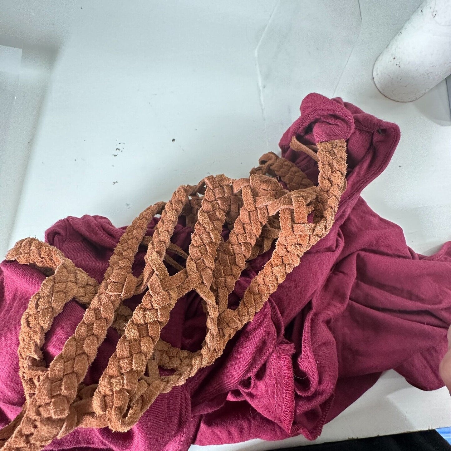 Sky Burgundy Scoop Neck Hand Braided Leather Design Back Strap Flowy Dress XS