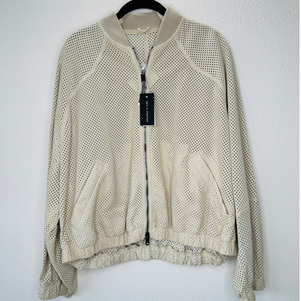 NWT Brunello Cucinelli Tan Cream Laser Cut 100% Leather Bomber Jacket 48 / XL