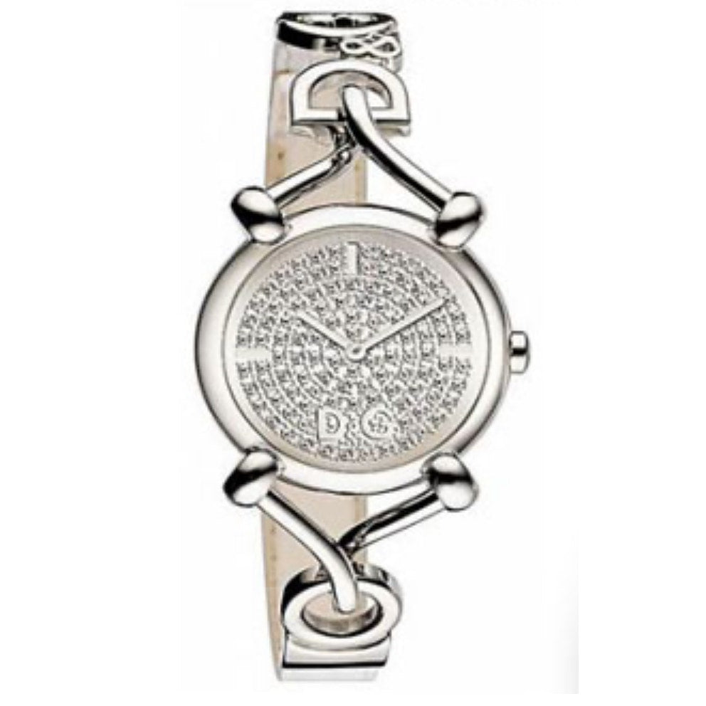 Dolce & Gabbana Ladies Silver Flock Diamante Quartz Watch White Band